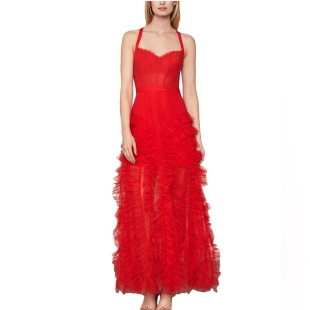 Chic Red Tulle Halter Ruffled Dress